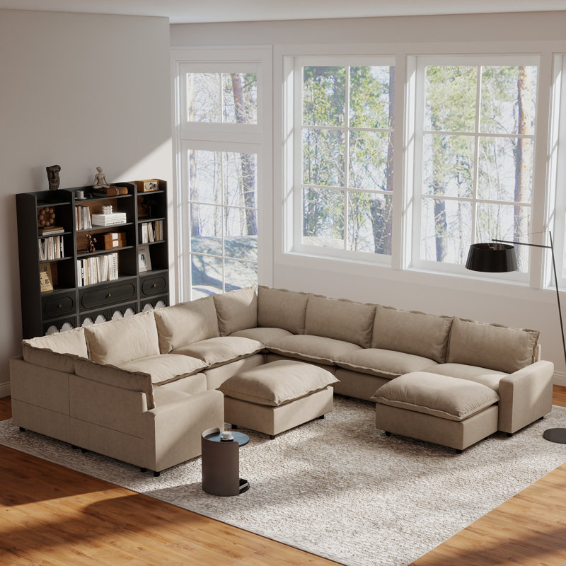 10-Piece Upholstered Modular Linen Fabric Sectional With Ottoman, Khaki Linen
