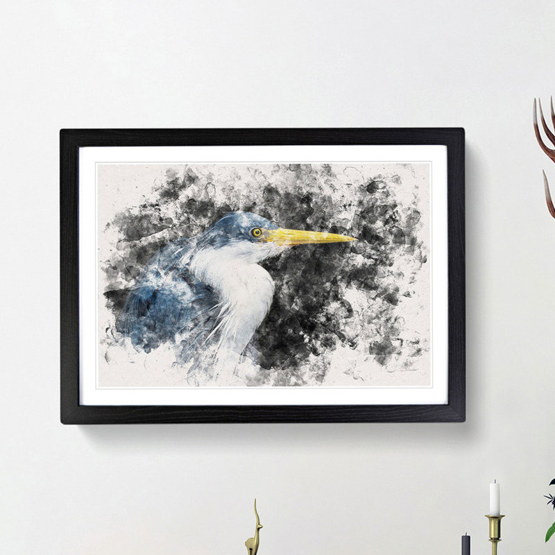Pied Heron - Framed Print, 45cm H x 63cm W x 2cm D, Black Framed