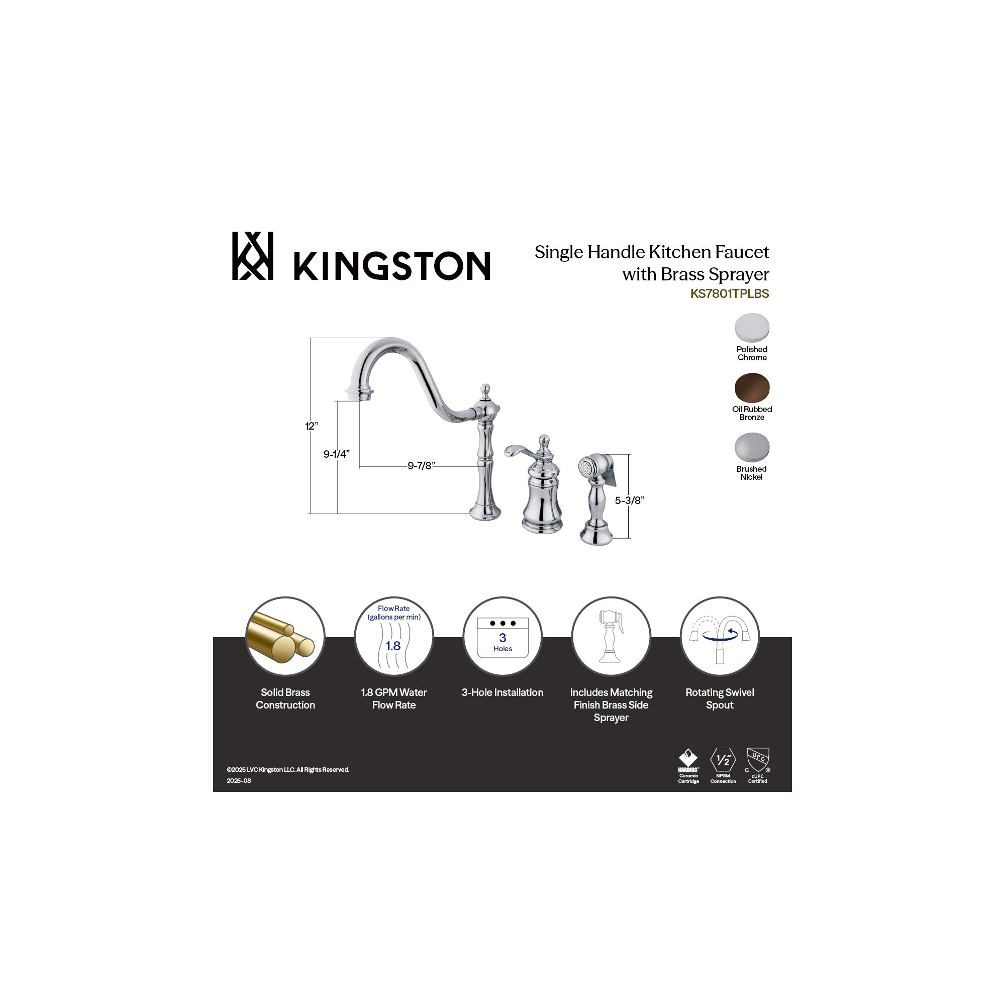 Kingston Brass Templeton Single-Handle 3-Hole Widespread Kitchen Faucet with Brass Sprayer, Polished Chrome