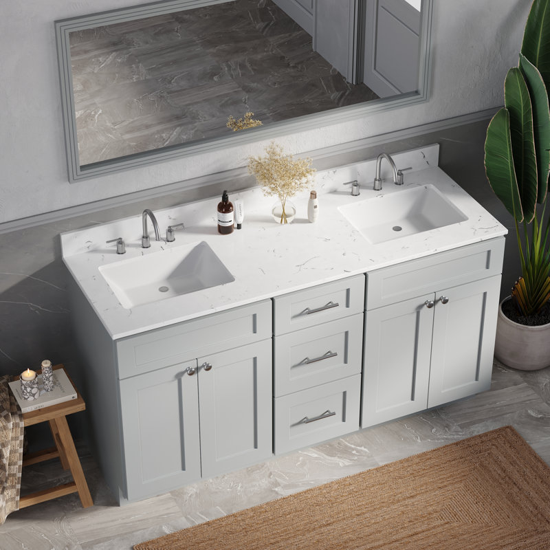 Meuble-lavabo double autoportant 63 po avec plateau en quartz Carrara, 63 po, 3 tiroirs, Gris