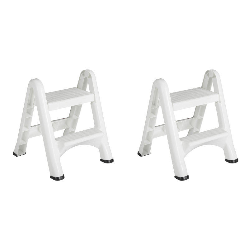 Rubbermaid EZ Two Step Durable Folding Plastic Ladder Step Stool, White