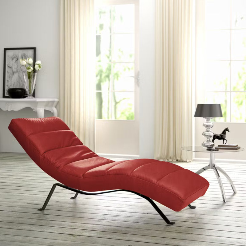 SALISBURY Chaise Lounge in Genuine Leather with Adjustable Backrest, Black, Red