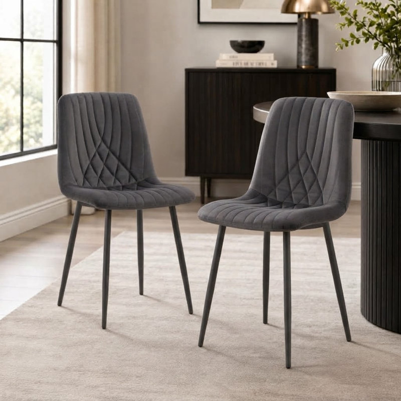 Modern Dark Grey 2 Velvet Dining Chairs Set Diamond Ribbed Kitchen Dining Chairs