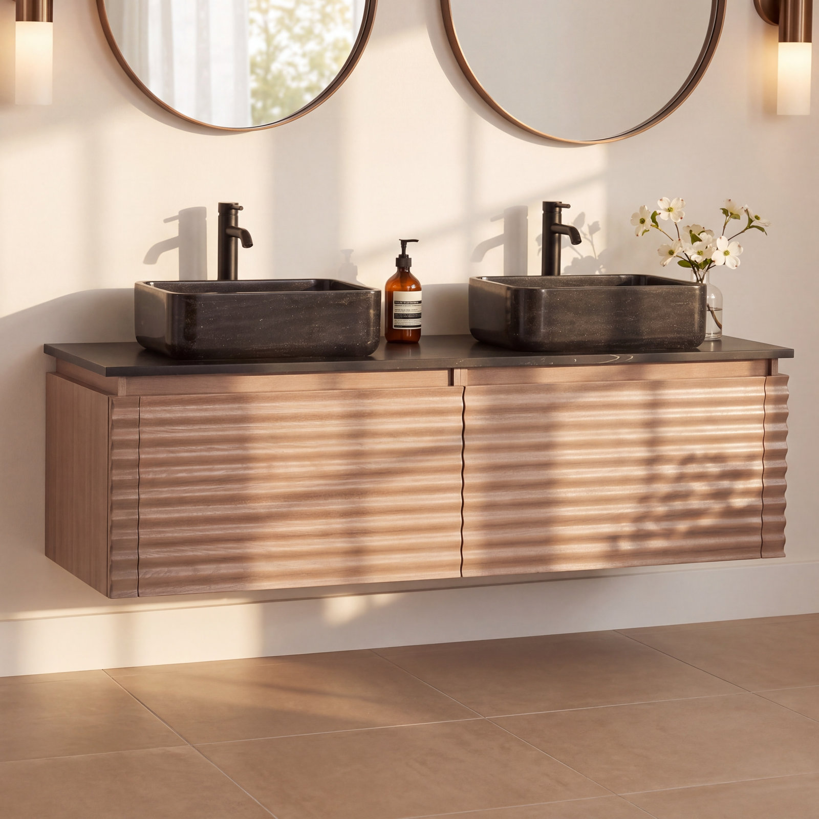 Jasmine 60'' Natural Oak Veneer Plywood Double Bathroom Vanity with Engineered Quartz Top, Chestnut