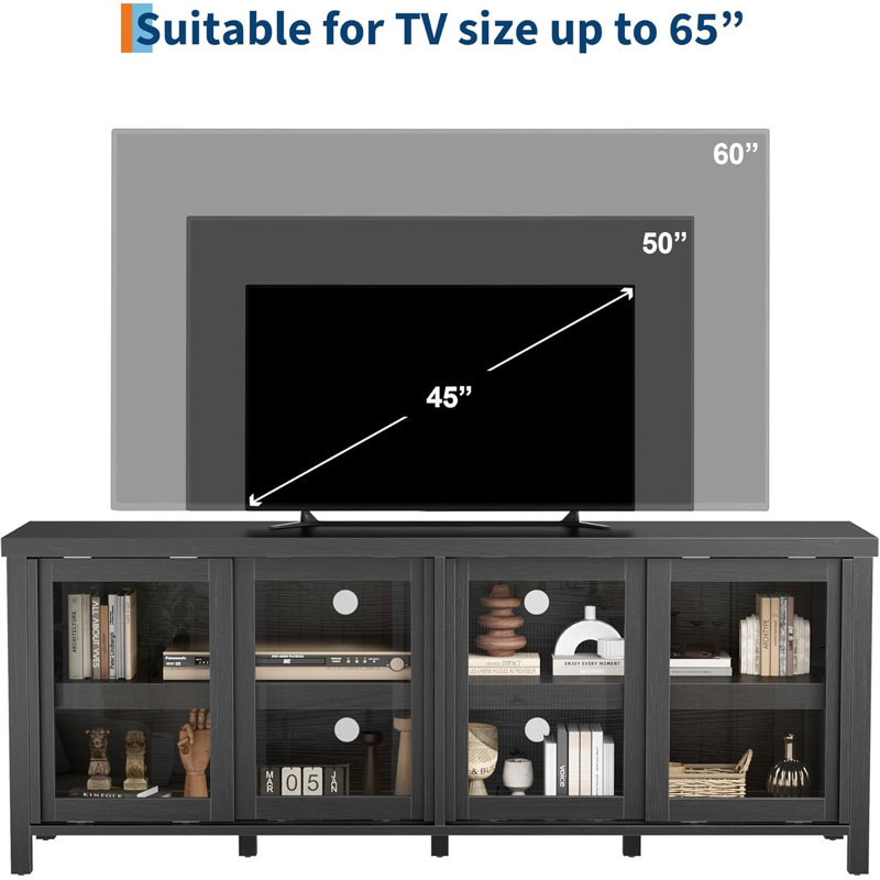 Meuble télé 65 po avec 4 portes coulissantes en verre, armoire de rangement, console multimédia Mid-Century, noir