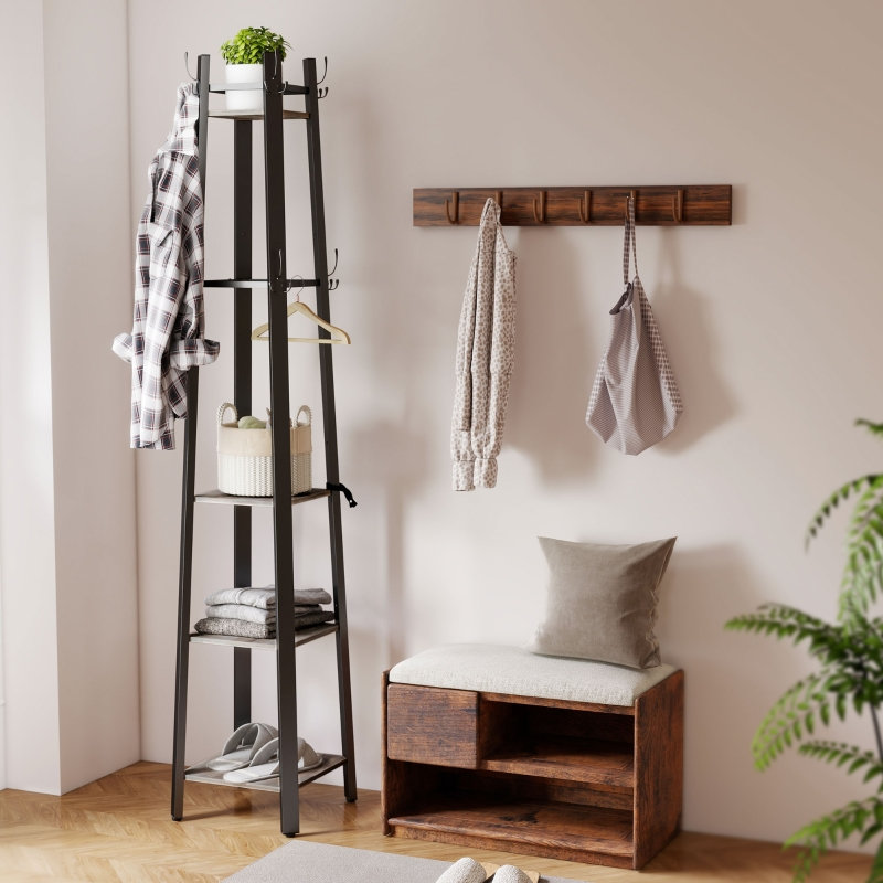 Four Shelf Coat Stand 34.8*34.8*179 cm MDF 1 Piece Coat Rack Grey Coat Storage