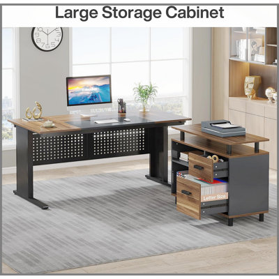 Bureau de direction en L de 63 pouces avec classeur, poste de travail moderne spacieux pour la maison et le bureau, brun rustique et finition noire