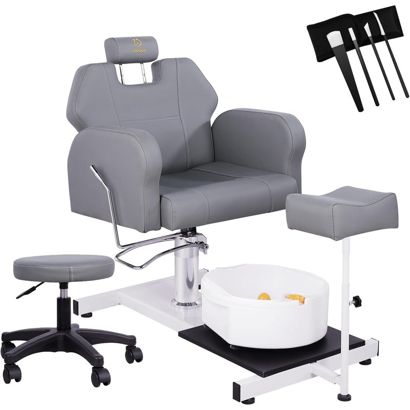 Reclining Pedicure Chair With Stool, Footrest & Massage Foot Basin, Gray