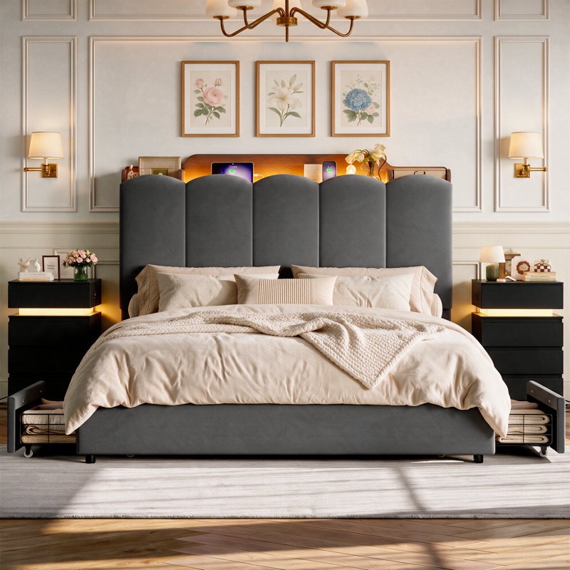 Ensembles de chambre à coucher de grand lit 3 pièces avec tête de lit à DEL et station de charge intégrée, Gris / Noir
