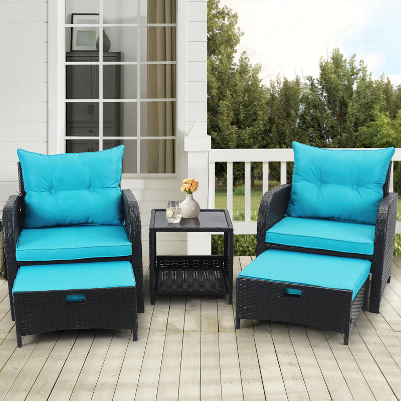 Constantino 2-Person Outdoor All-Weather Wicker Conversation Set with Ottomans and Tempered Glass Coffee Table