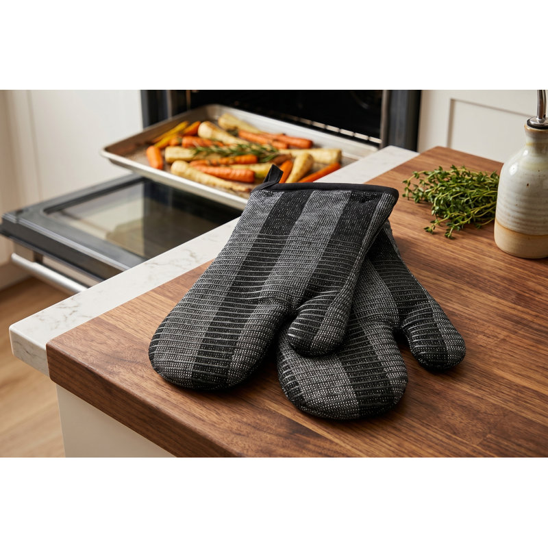 CENA Lot de 2 gants de cuisine noirs tissés avec poignée en silicone, gants de cuisine en coton résistant à la chaleur de 33 cm pour la cuisson et la pâtisserie