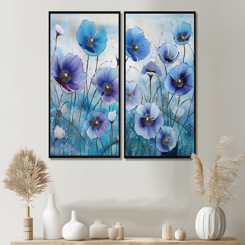 «Blue and Purple Morning Glory Flowers», art mural traditionnel sur toile, 20" H x 24" W, Impression encadrée flottante