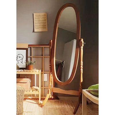 American-Style Retro Oval Solid Wood Frame With Stand Full-Length Mirror