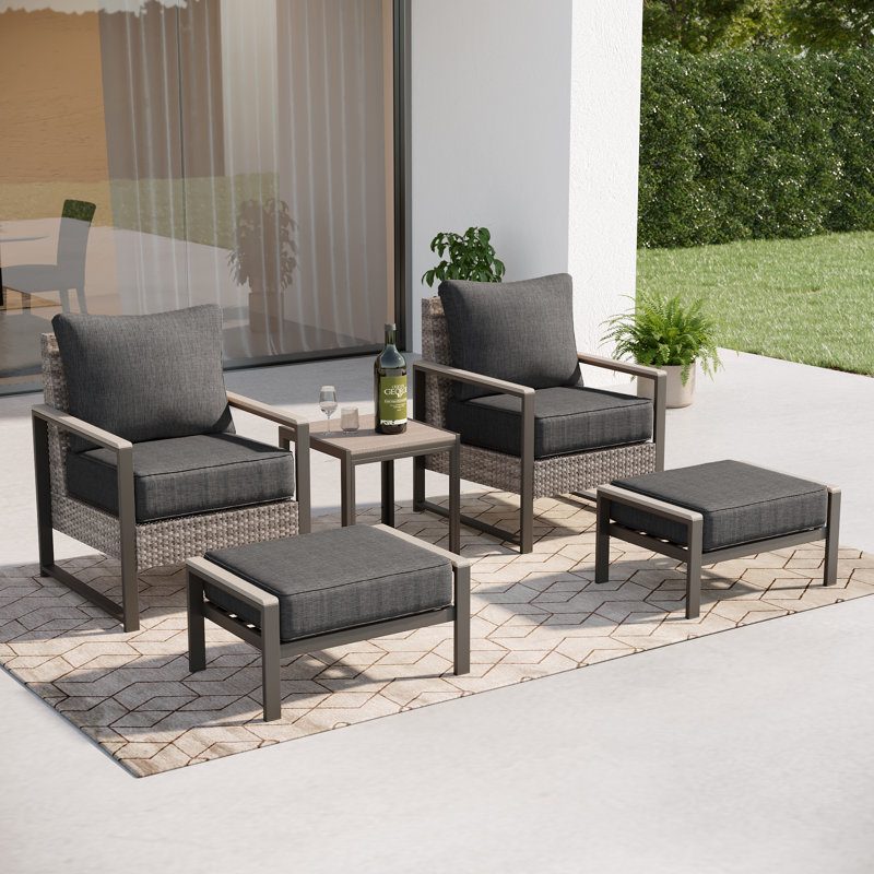 5 Piece PE Rattan Conversation Set with Side Table, Black Gray