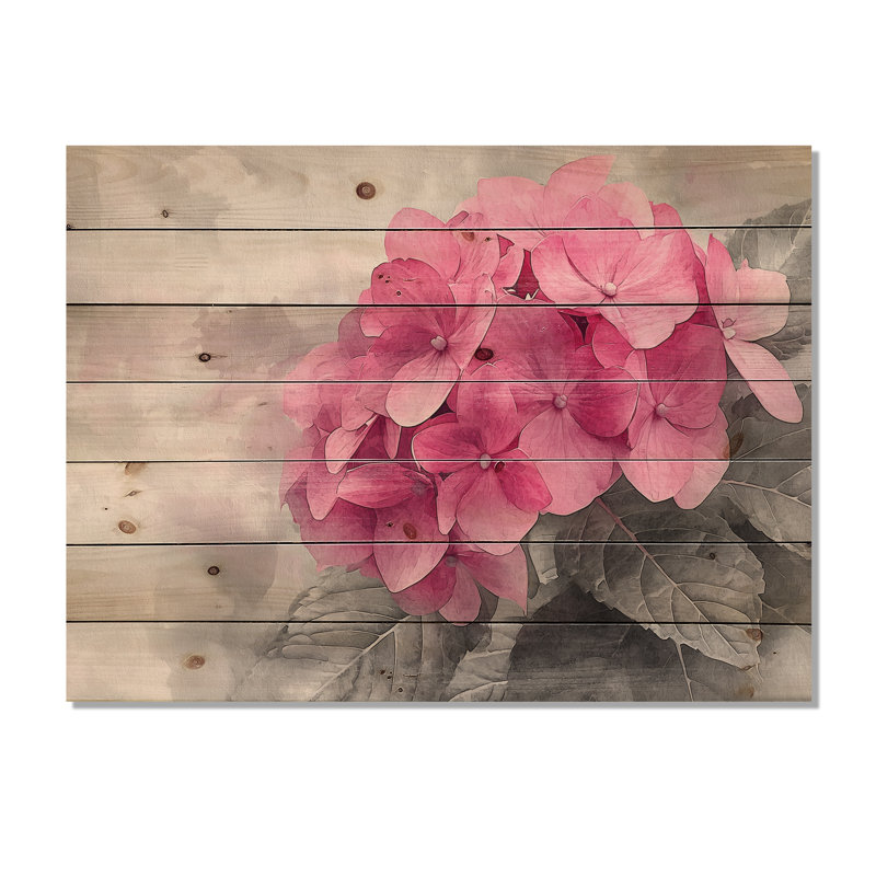Simple hortensia rose dans un jardin monochrome I - décoration murale en bois d'hortensia - sur bois de pin naturel