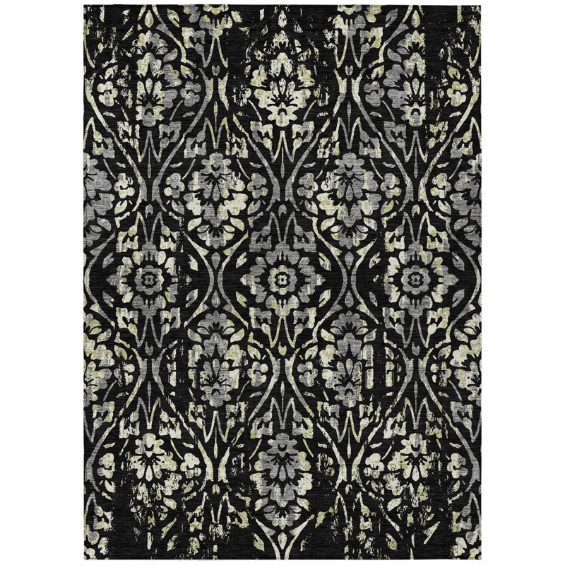 3' X 5' Black Gray And Ivory Floral Washable Indoor Outdoor Area Rug