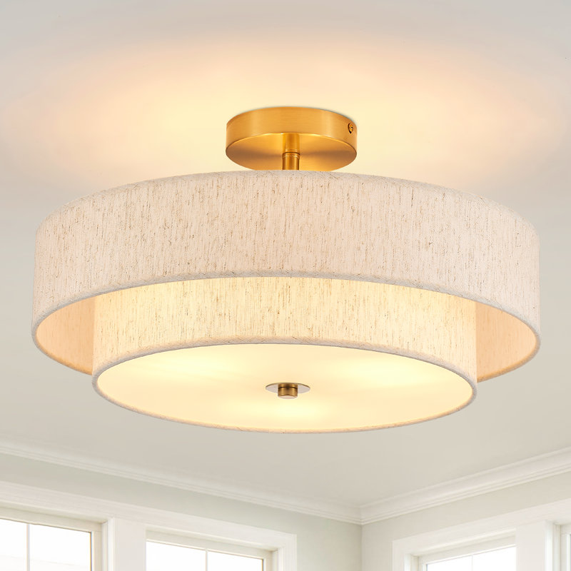 Plafonnier semi-encastré 3 lumières tambour moderne en lin, Doré