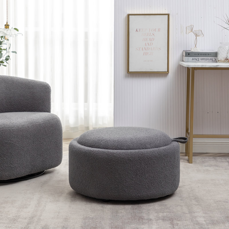 Savinien Upholstered Round Storage Ottoman, Gray Performance Boucle