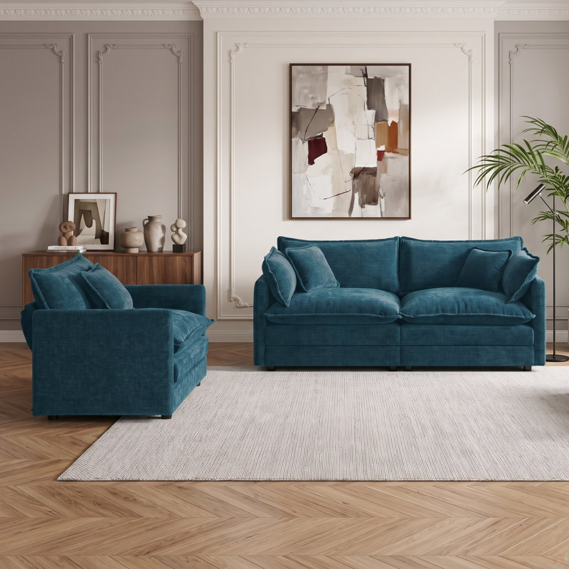 Ensemble de salon 2 pièces avec causeuse à siège profond et fauteuil d'appoint, bleu foncé