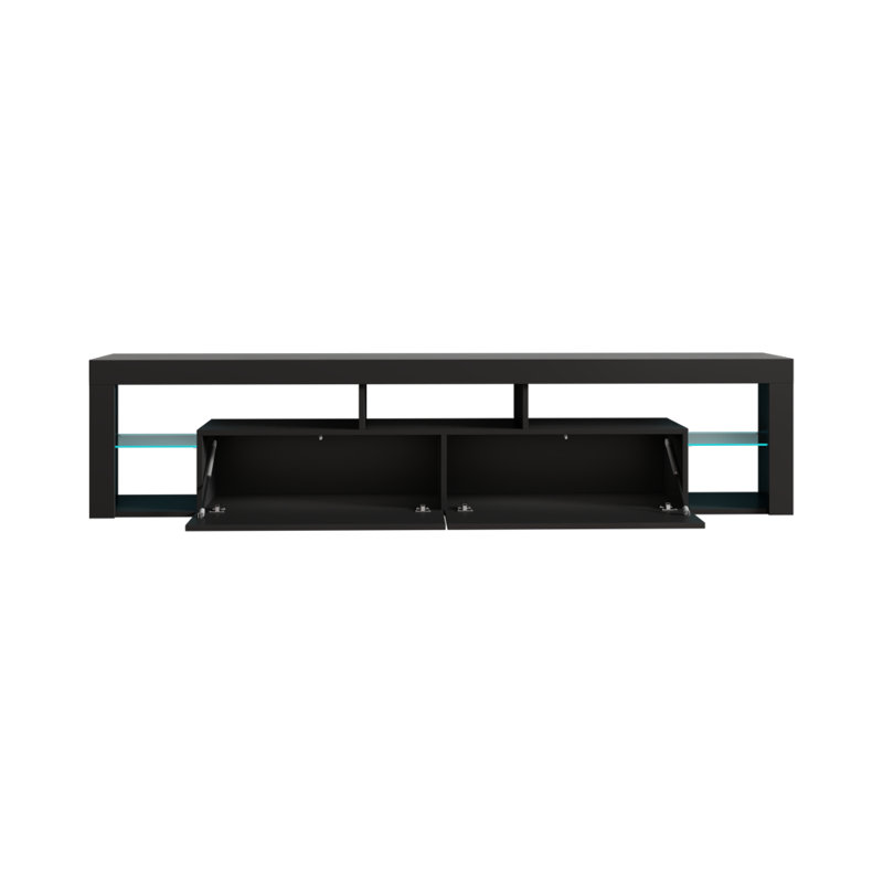 Meuble télé Hugo pour téléviseur de 90 po ou moins avec éclairage DEL 16 couleurs, tablettes en verre, fixation murale, Noir