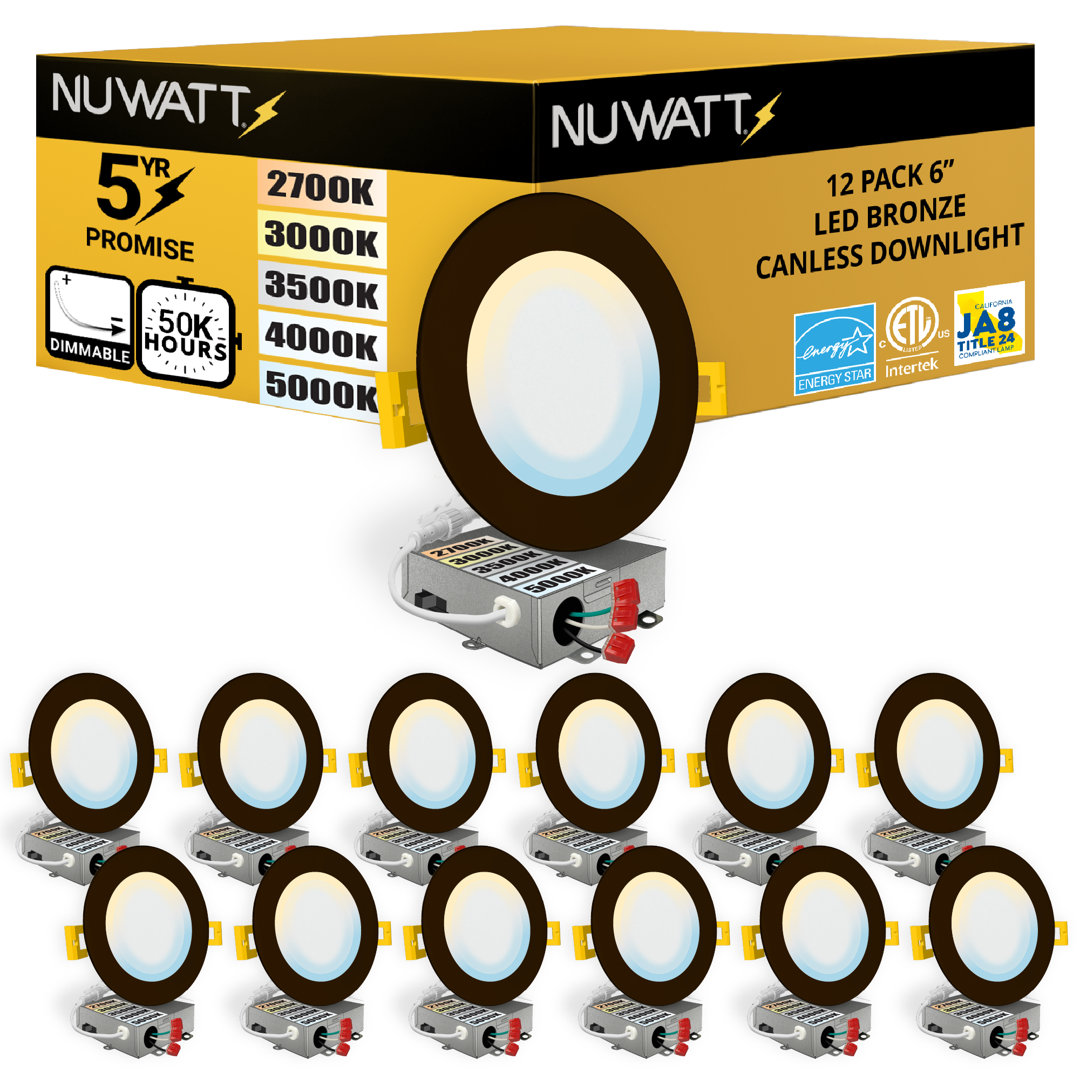 Panel Downlight 6'' Selectable Color Temperature Dimmable Air-Tight IC Rated LED Canless Recessed Lighting Kit (Set of 12) NUWATT 