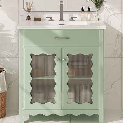Meuble-lavabo de 31 po avec portes à rayures verticales en verre, tablettes réglables, charnières à fermeture en douceur et poignées argentées pour un ensemble cohésif élégant Lavabo rectangulaire en céramique, rayures et charnières