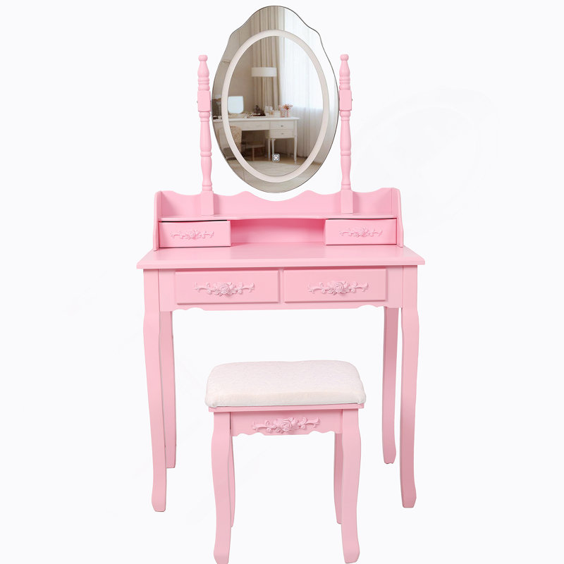 Vanity Desk Set With LED Light Mirror And Cushioned Stool For Bedroom, Pink