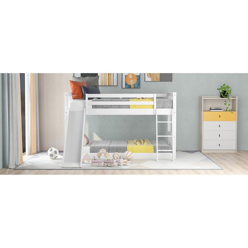 Bedroom Bunk Bed Twin/Twin With Slide And In White Adjustable Stylish
