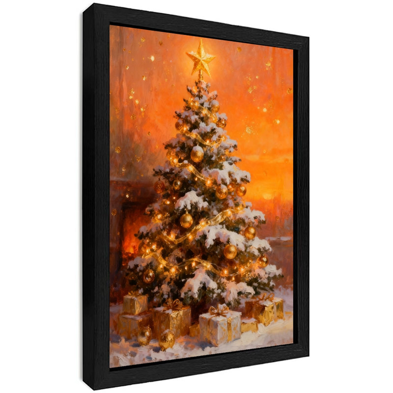 Reproduction d'art encadré noir, arbre de Noël et cadeaux d'hiver rétro, H 11 po x l 9 po