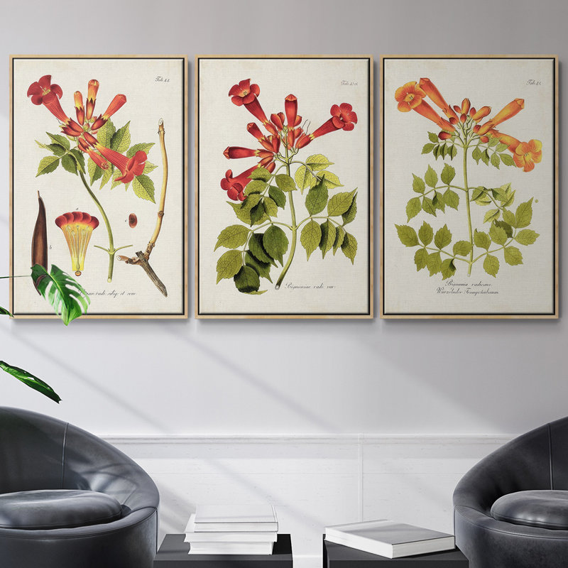 «Tropical Trumpet Flowers I», ensemble de 3 pièces encadrées sur toile, Argent, H 27 po x l 54 po