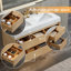 Double meuble-lavabo mural moderne en bois massif avec plateau en pierre et lumière-364179538