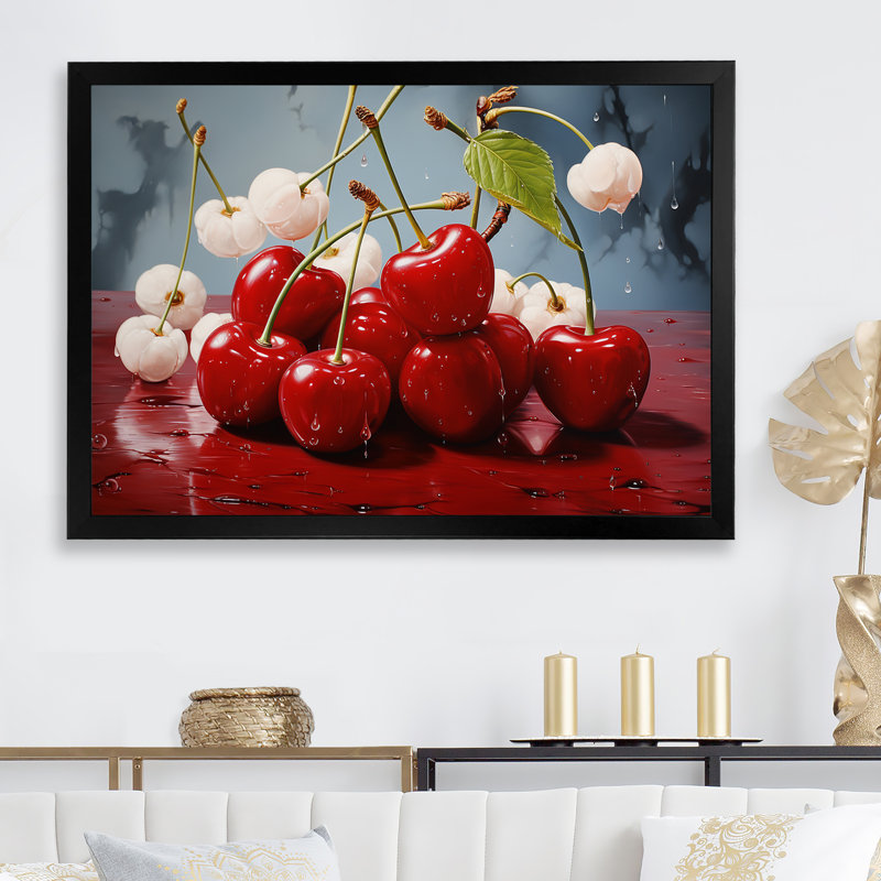 Chuckling Cherry Red - fruits, impressions sur toile_105731, H 24 po x l 32 po x P 1 po, Cadre photo noir