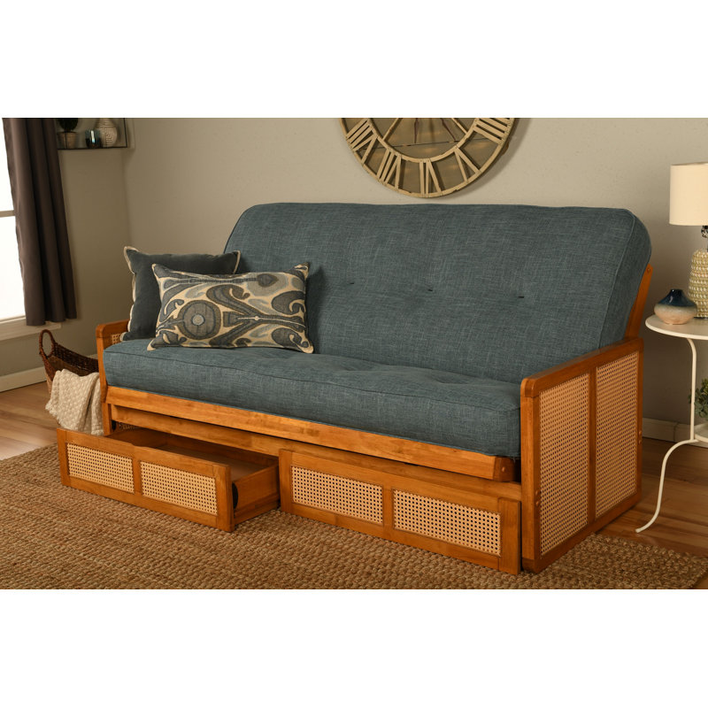 Futon double avec rangement Bridyn avec matelas, Lin Bridyn turquoise