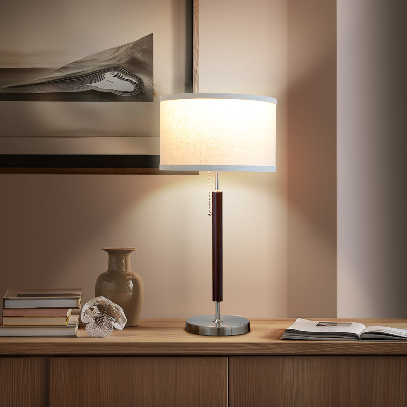 Carter 26 in. Mid-Century Modern Linen and Woodgrain LED Table Lamp