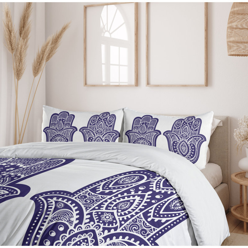 Violet Blue White Ethnic Hamsa Queen Duvet Cover Set