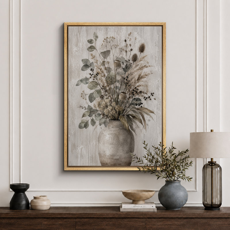 «Neutral Botanical Vase Arrangement», images de salon, impression sur toile encadrée, 24" H x 16" W x 1.5" D, Cadre naturel