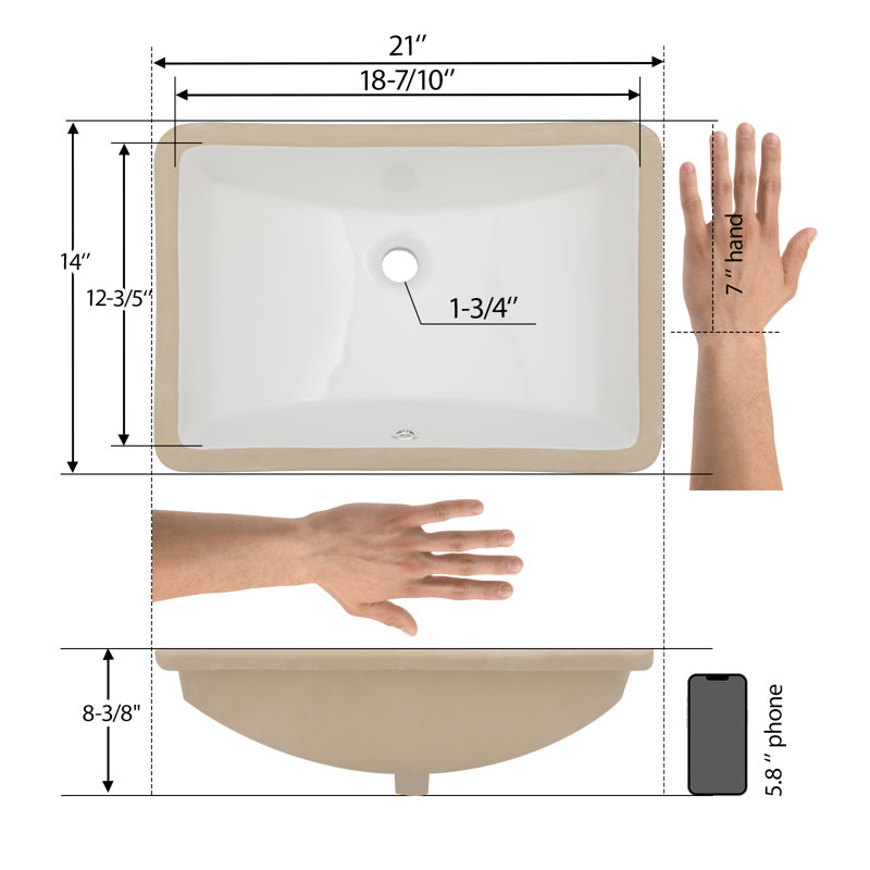 21"L x 14"W White Ceramic Rectangular Undermount Bathroom Sink with Overflow, 21" L x 14" W, White