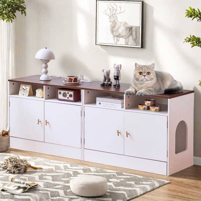 63" Large Cat Litter Box Enclosure Furniture, 2-in-1 Convertible TV Stand with Power Outlet, Sliding Bottom for Easy Cleaning, Cat House Cabinet for 2 Cat, Walnut