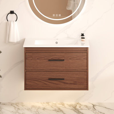 30" Wall Mounting Bathroom Vanity In Reddish Brown, Soft Close Drawer Design, Cabinet And Ceramic Sink For A Functional Beautiful Make - Over