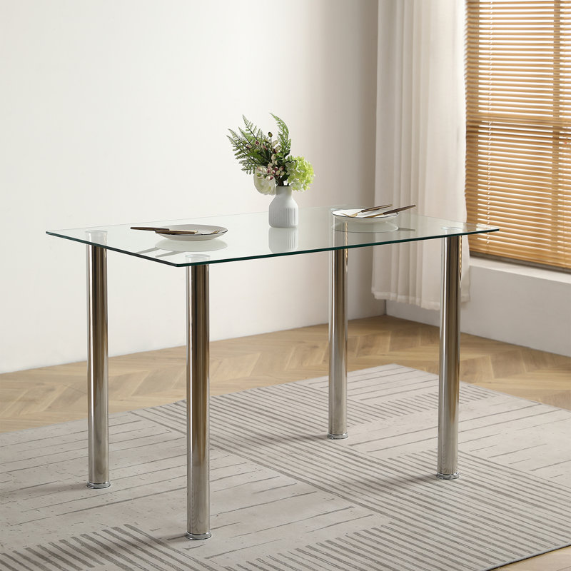47" Modern Rectangular Glass Dining Table for 4,   Kitchen Table with Silver Metal Legs  for Small Spaces