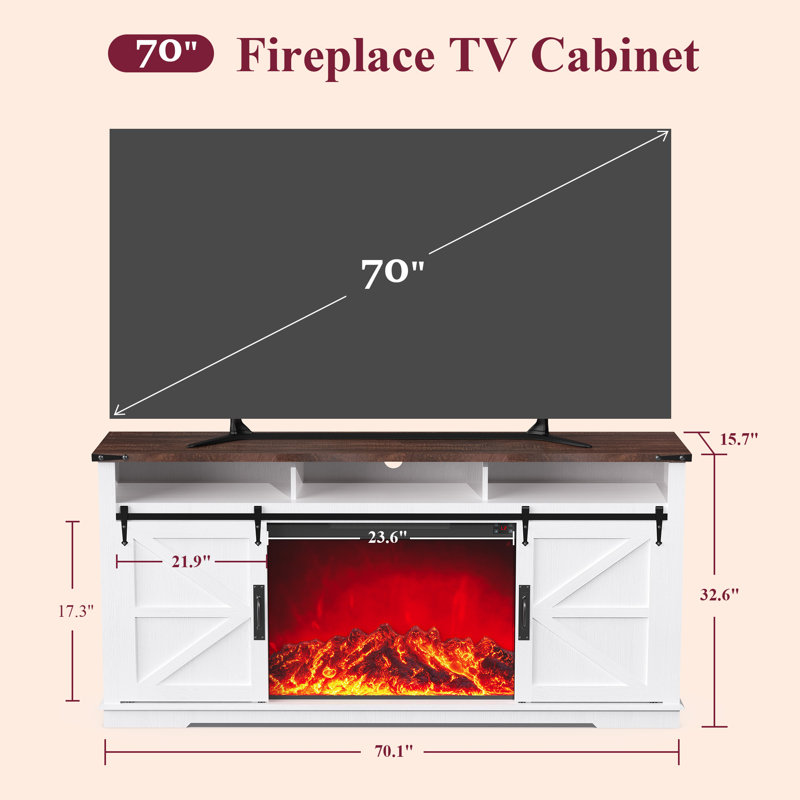Meuble télé 70 po avec rangement et foyer inclus, mode température / minuterie / musique réglable, Blanc