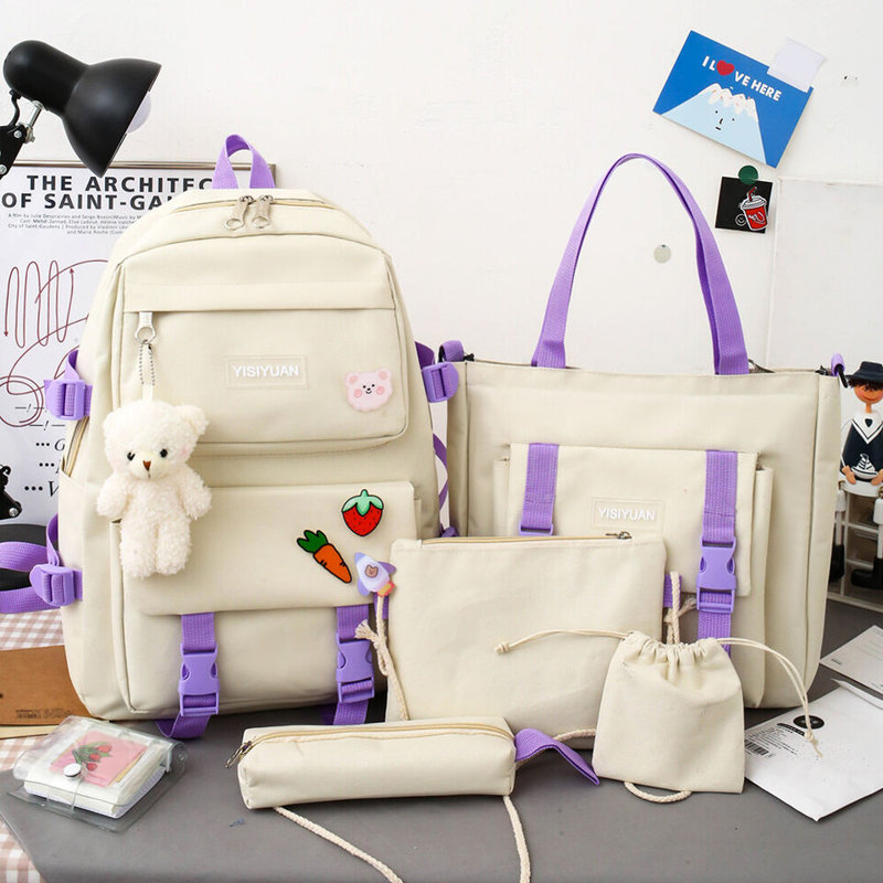 5 pièces Sac à dos cartable pour étudiant, filles, filles, mauve, imperméable, mauve, Beige