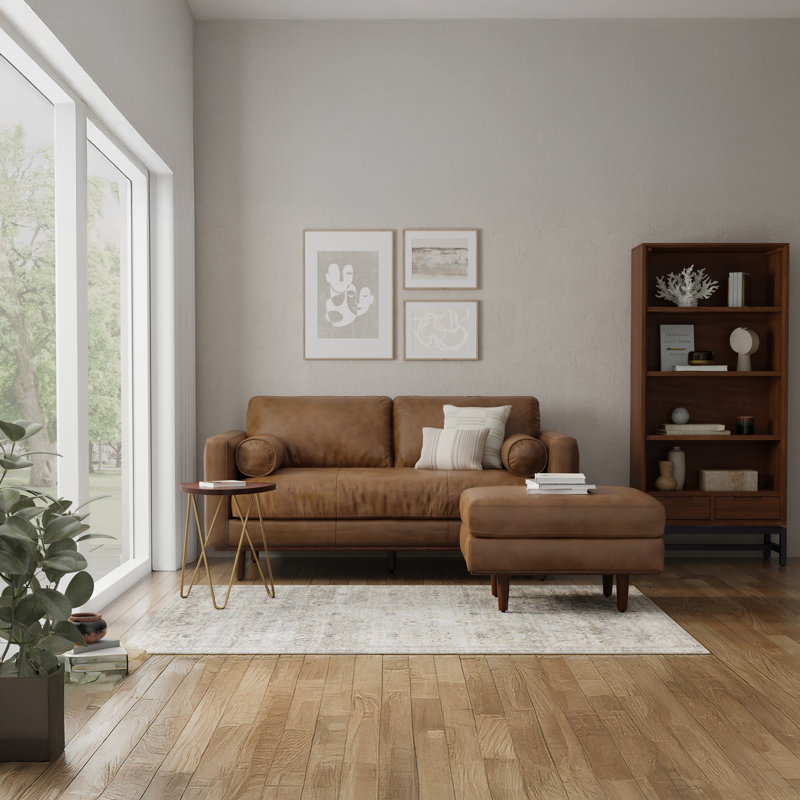Morrison 33"W Upholstered Ottoman with Solid Wood Legs, Caramel Brown Genuine Leather
