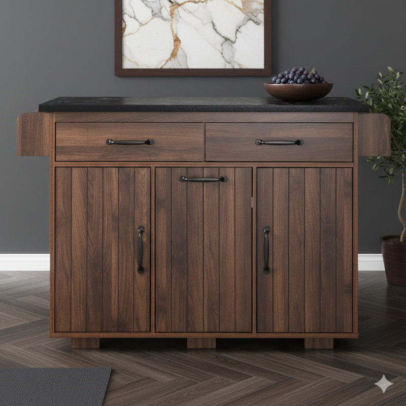 Îlot de cuisine avec armoire à poubelle intégrée, table rabattable, étagères à épices et à serviettes et tiroir - Îlot de cuisine mobile sur roulettes avec tablette réglable, finition brun noyer