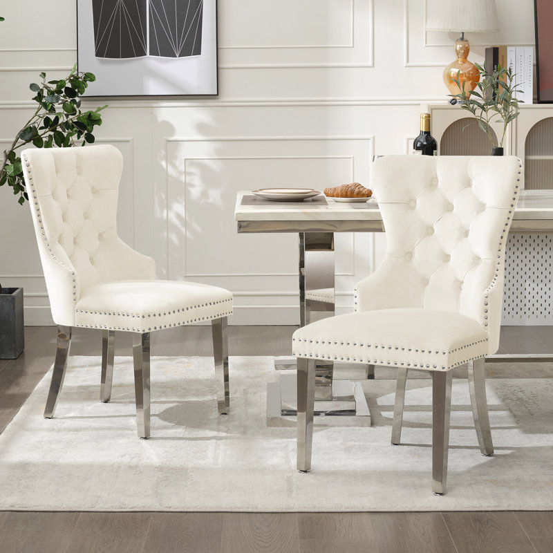 Velvet Upholstered Dining Chairs with Stainless Steel Legs, Beige