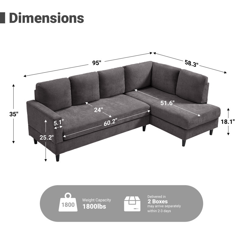 95" Upholstered L Shaped Sofa Modern Sectional, Gray Chenille