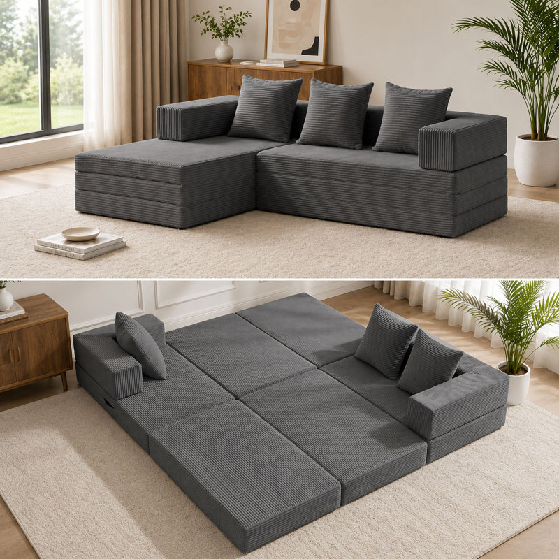 Corduroy Sofa, 22" H x 79" W x 50" D, Gris
