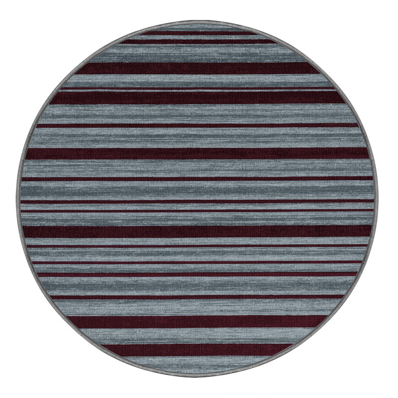 Machine Washable Horizontal Stripes Gray Area Rug, Round 7'
