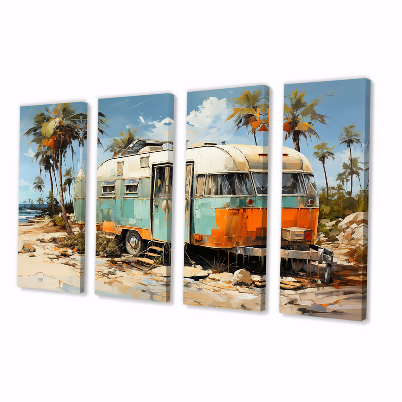 Pop Art Coastal Camping Van - Art mural de voyage 4 pièces pour le camping, H 28 po x l 48 po