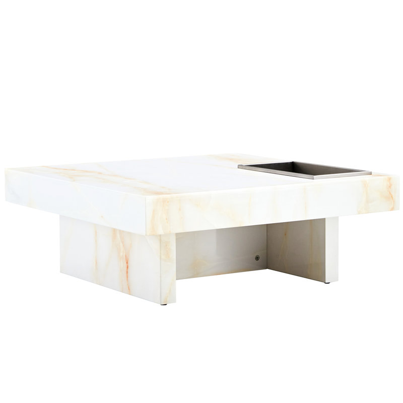 Table basse blanche 31,4 po x 31,4 po x 12 po avec ornement en marbre blanc perle élégant